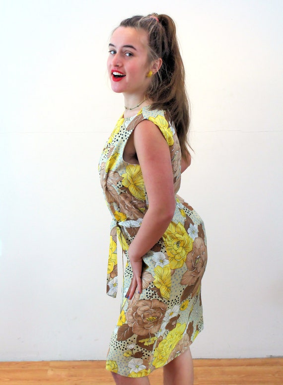 60s Yellow Floral Dress M L, Vintage Colorful Mod… - image 4