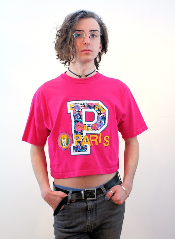 90s Paris University Cropped T-shirt OSFA XL, Vintage 1992 Pink