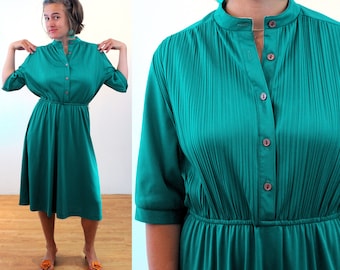 70s Teal Midi Dress M, Vintage Green Pleated Elastic Waist Retro Polyester Jersey Boho 1970s Shirtdress, Medium