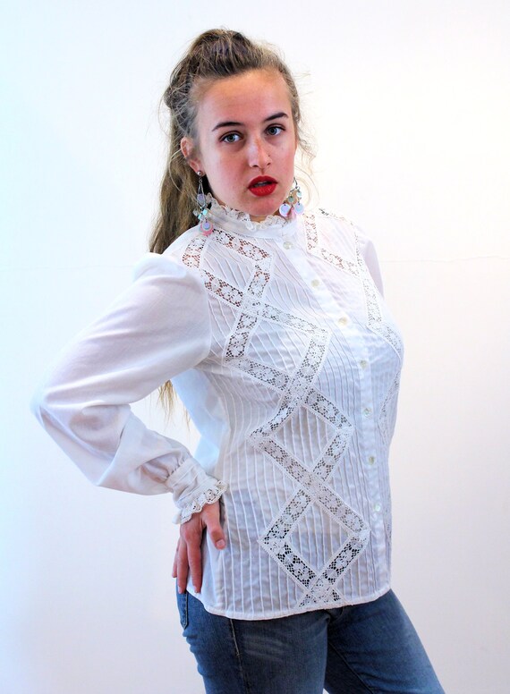 70s White Lace Blouse M, Vintage Victorian Style … - image 2