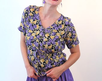 90s Putumayo Floral Blouse S, Vintage India Rayon Boho Fitted Summer Top, Small