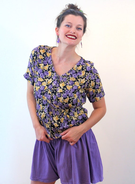 90s "Putumayo" India Blouse S, Vintage Purple Flo… - image 5