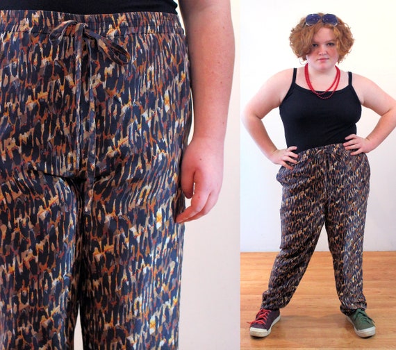 90s Silk Leopard Print Pants XL, Vintage Brown Bl… - image 1