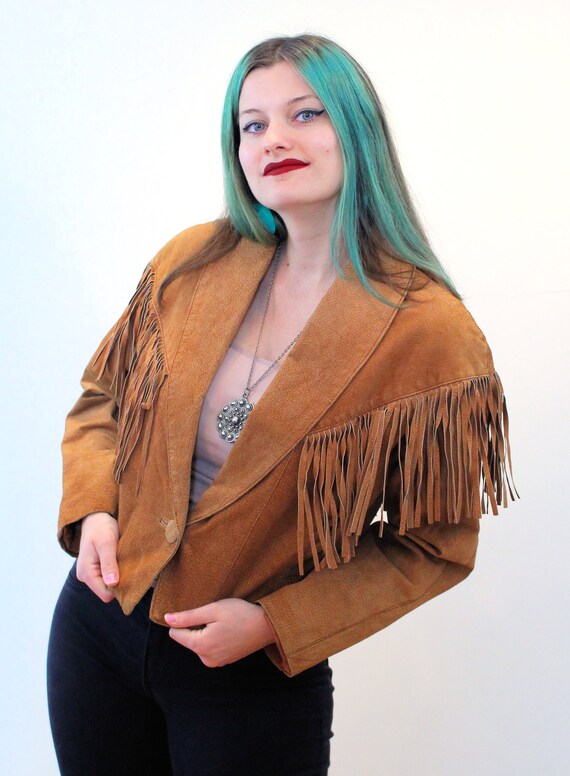 80s Suede Fringed Jacket M, Vintage Brown Western… - image 5