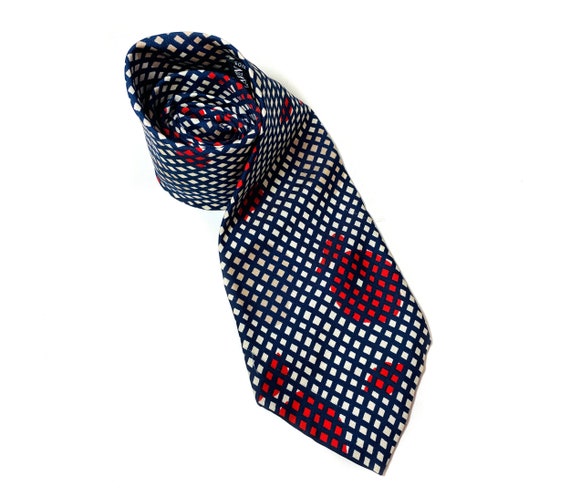 80s LANVIN Silk Tie, Vintage Navy Blue Red Tan Ge… - image 4