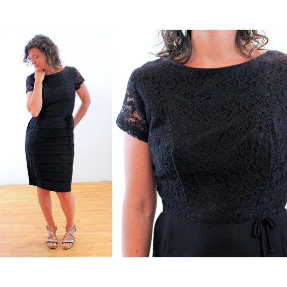 50s Black Lace Cocktail Dress M, Vintage Tiered C… - image 1