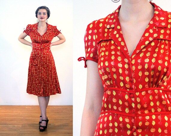 90s Betsey Johnson Dress S, Fruit Print Red Silk Novelty Lemons
