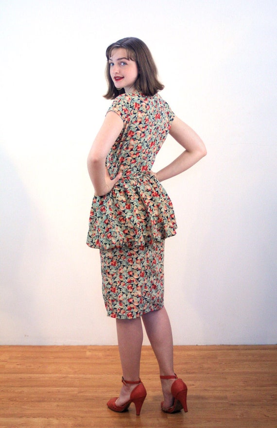 80s 40s Style Peplum Dress M, Vintage Cherry Bloss