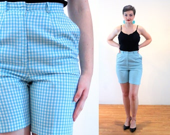 60s Saks Fifth Ave Shorts S, Vintage Turquoise Blue Gingham Checkered Plaid Retro Walking Bermuda Shorts, Small