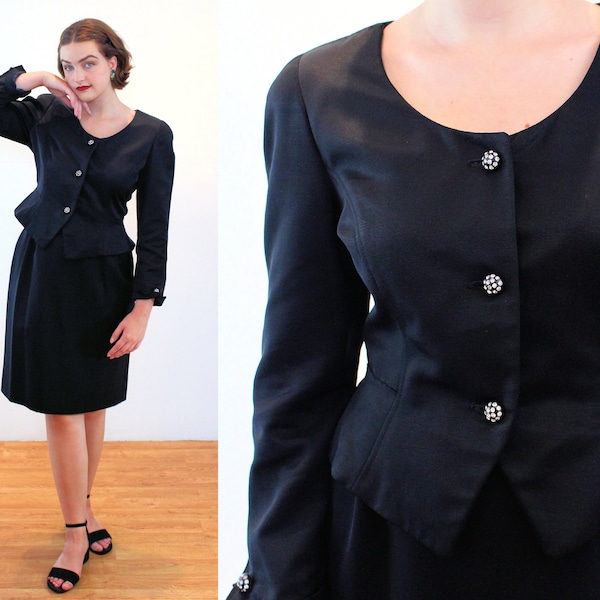 Tailleur jupe M « Yves St Tropez » des années 80, ensemble veste et jupe vintage noir élégant des années 40 Style Faille côtelé strass boutons, taille moyenne