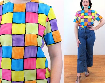 90s Checkerboard Top S, Vintage Rainbow Pastel Colorblock "Notations" Mod Clowncore Silky Squares Print Blouse, Small