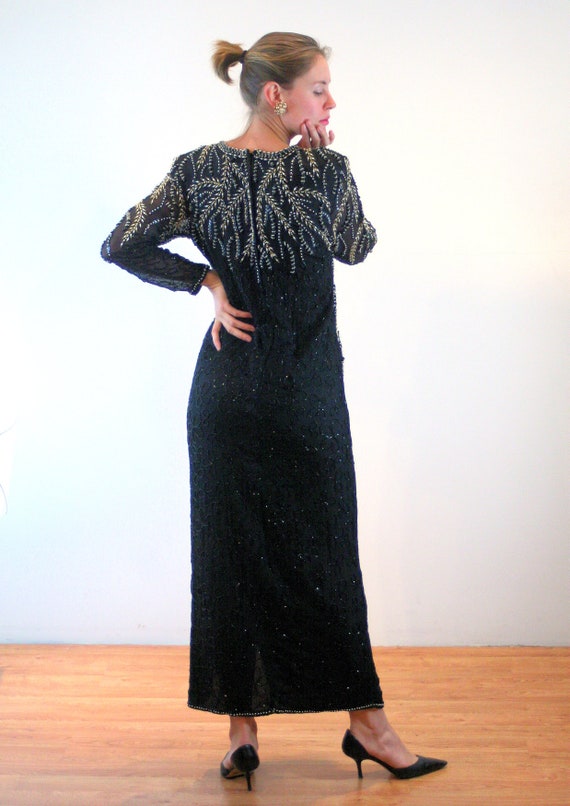 80s Silk Beaded Dress M, Vintage Black Sequin Pea… - image 4