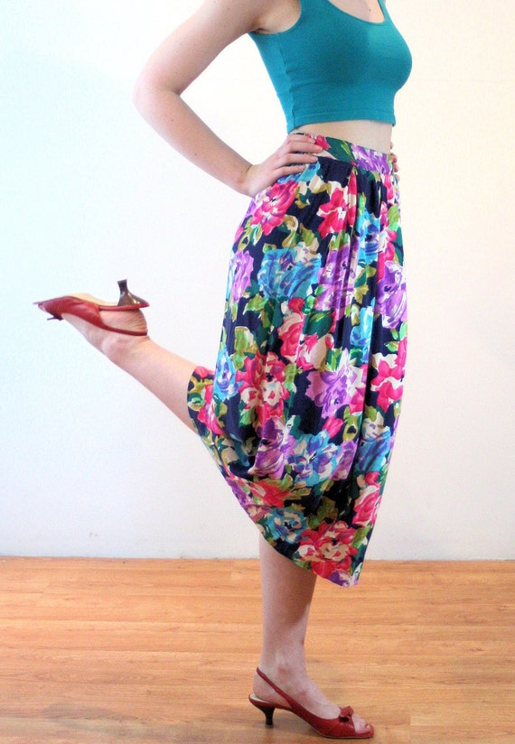 80s Colorful Floral Skirt S, Vintage Bright Rayon… - image 4