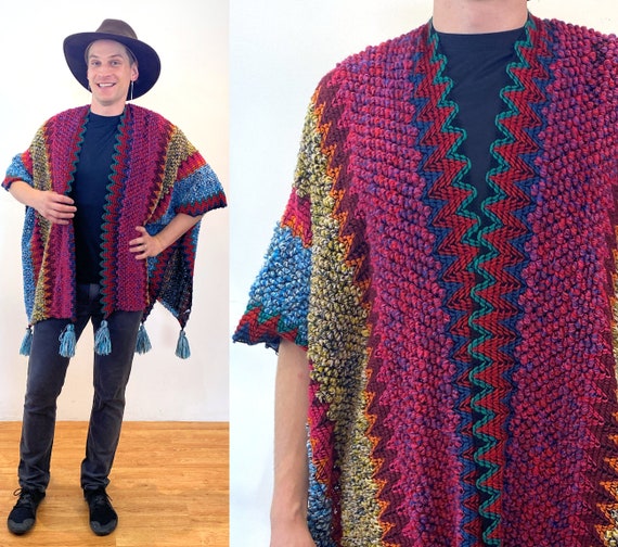 Y2K Afghan Knit Poncho, One Size, Vintage Colorful Soft Fuzzy