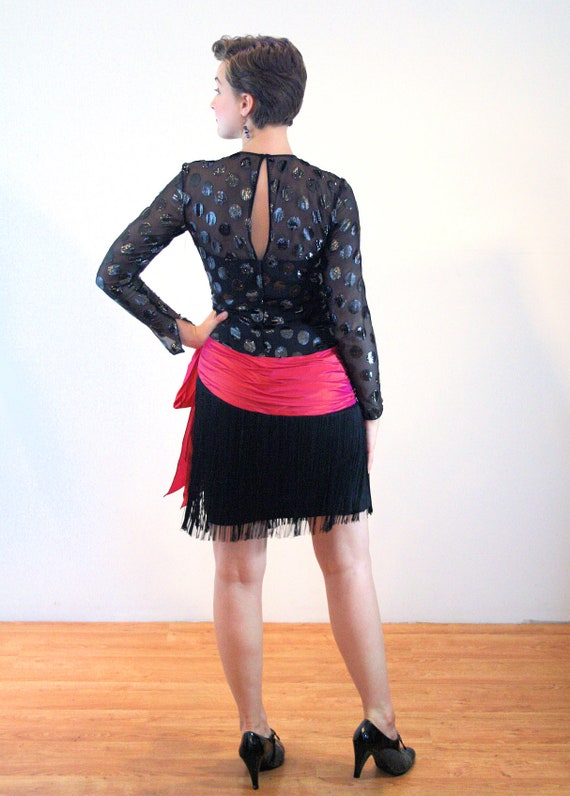 80s Deadstock Flapper Dress S, Vintage Black Pink… - image 3