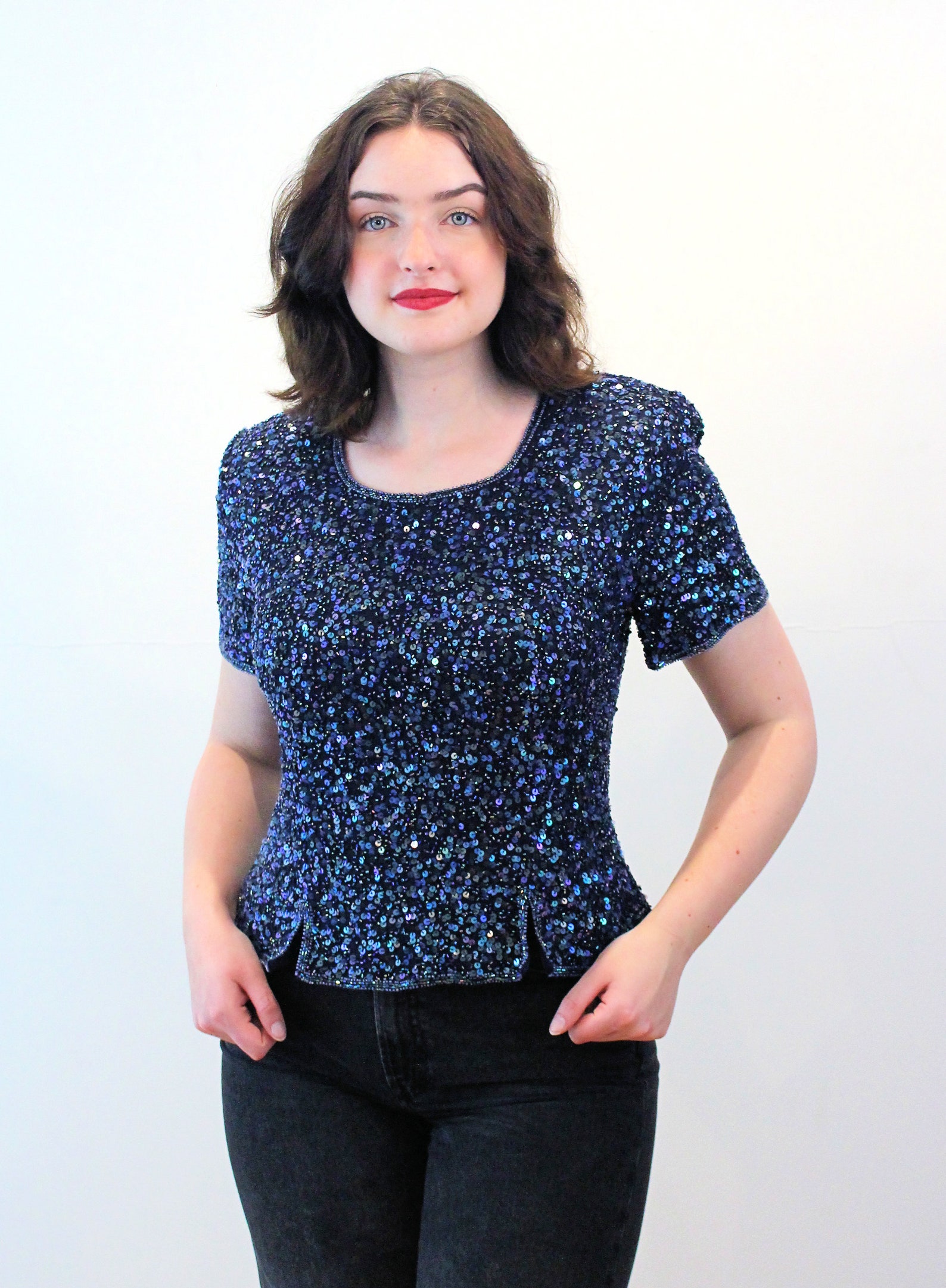 90s Midnight Blue Sequin Top M Glam Sparkly Beaded Silk India | Etsy