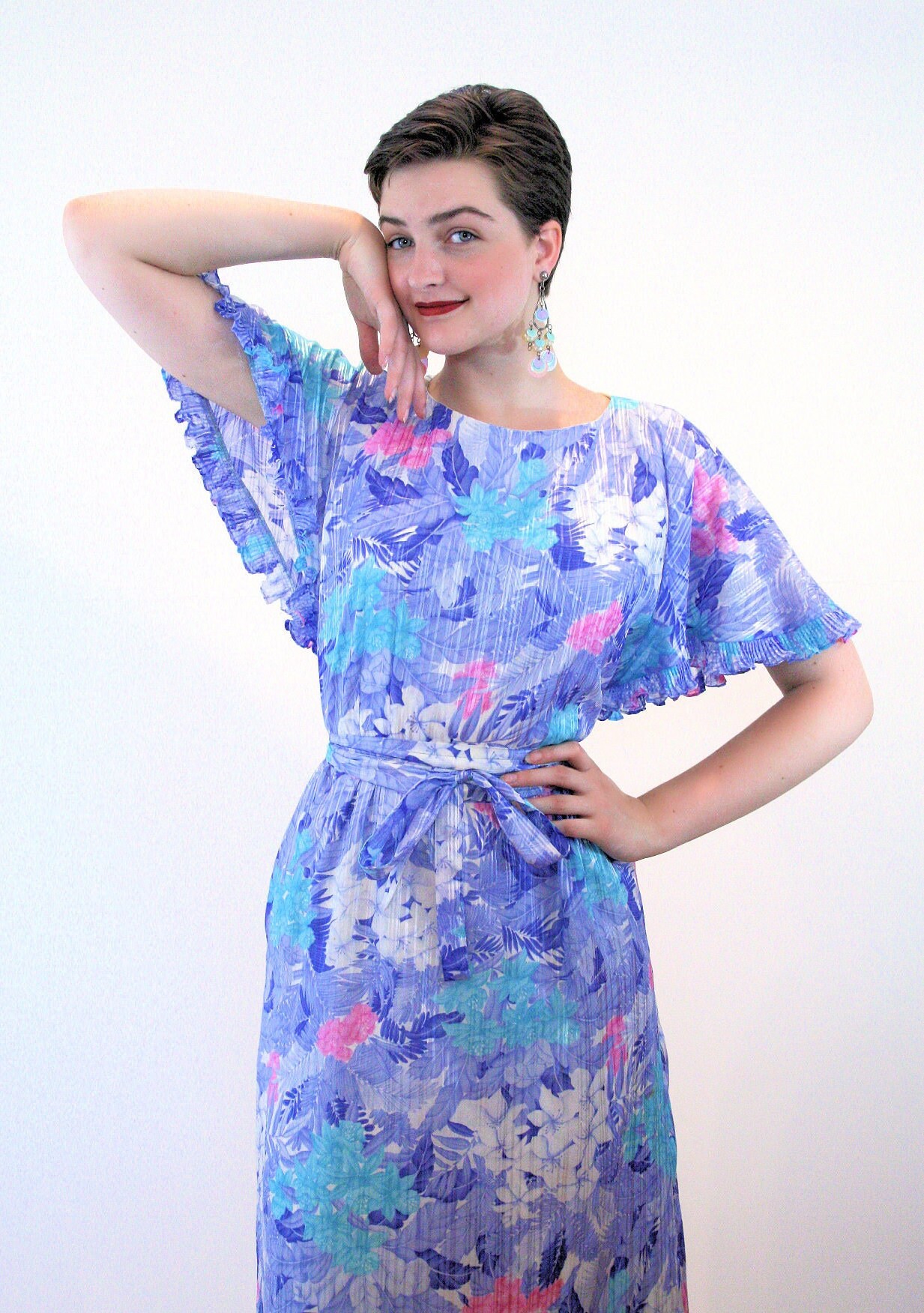 80s Angel Sleeve Floral Dress S M, Vintage Blue Tropical Print "Razooks" Boho Silky Ruffle Fluttery Belted Retro Midi Dress, Small Medium