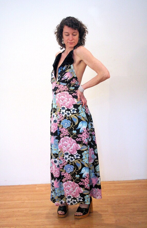 70s Arpeja Halter Dress S, Vintage Floral Backless