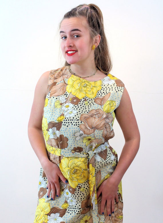 60s Yellow Floral Dress M L, Vintage Colorful Mod… - image 5