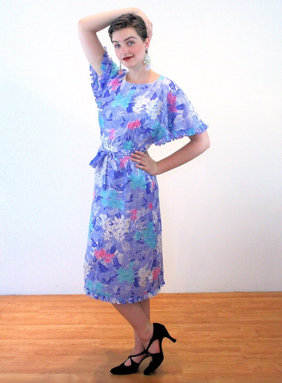 80s Angel Sleeve Floral Dress S M, Vintage Blue T… - image 4