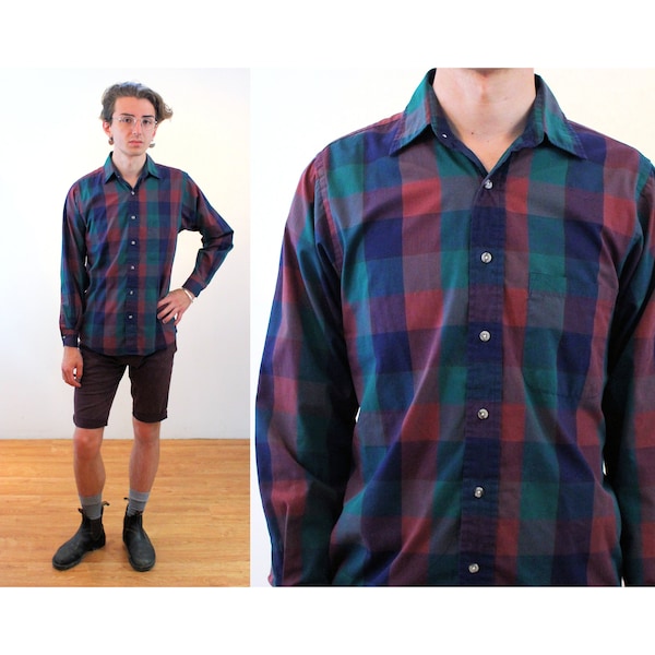 80s Buffalo Plaid Shirt S M, Vintage Dark Green Burgundy Rust "Van Heusen" Menswear Cotton Blend Button Up Shirt, Small Medium