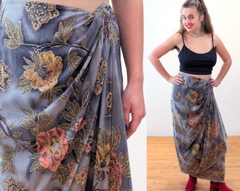 90s "J. Peterman" Sarong Skirt M, Vintage Gray Pink Olive Silk Painterly Floral Print Wrap Boho Midi Skirt, Medium