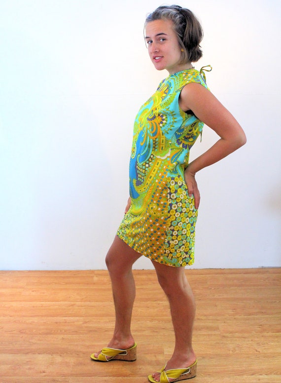 60s Mod Paisley Mini Dress M, Vintage Yellow Blue… - image 2