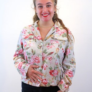 90s Linen Floral Jacket M, Vintage Pastel Roses Print Button Up Cottagecore Shirt, Medium