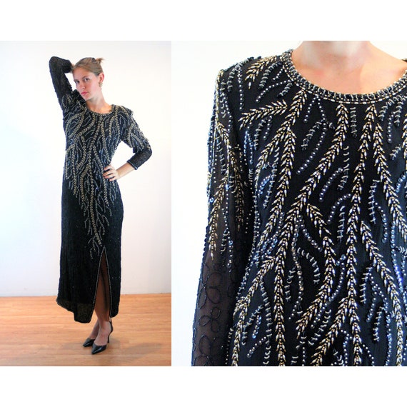 80s Silk Beaded Dress M, Vintage Black Sequin Pea… - image 1