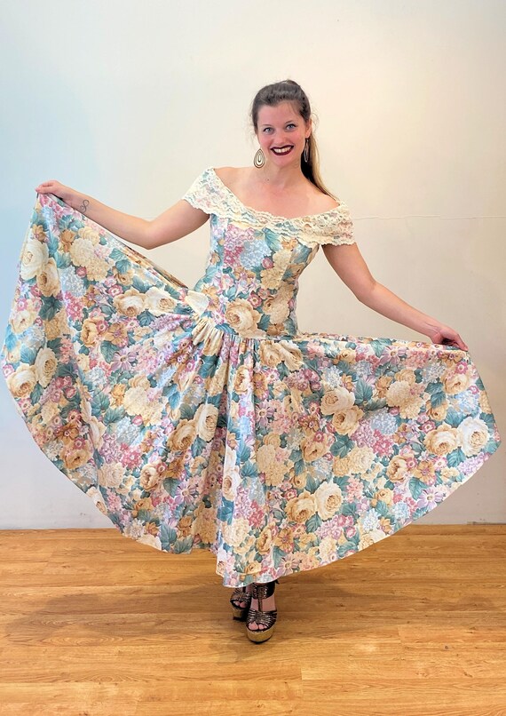 80s Lanz Party Dress M, Vintage Huge Full Sweep Pastel Roses Print