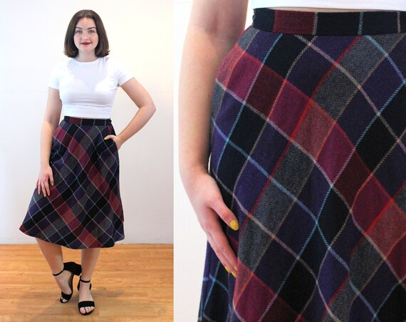 70s Plaid Skirt S, Herringbone Wool Bias Cut Vinta