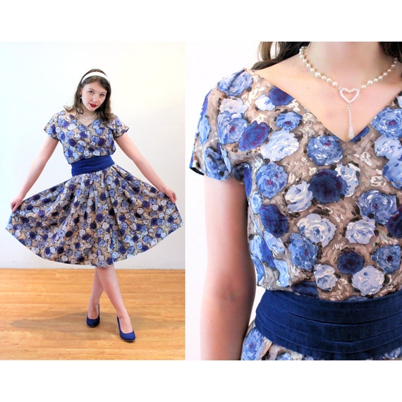 50s Floral Party Dress XS, Vintage Blue Satin Two… - image 1