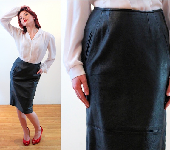 80s Black Leather Skirt S XS Vintage Slim Tailored Classic Mob Wife Real Leather Pencil Skirt With Pockets Small Etsy UK