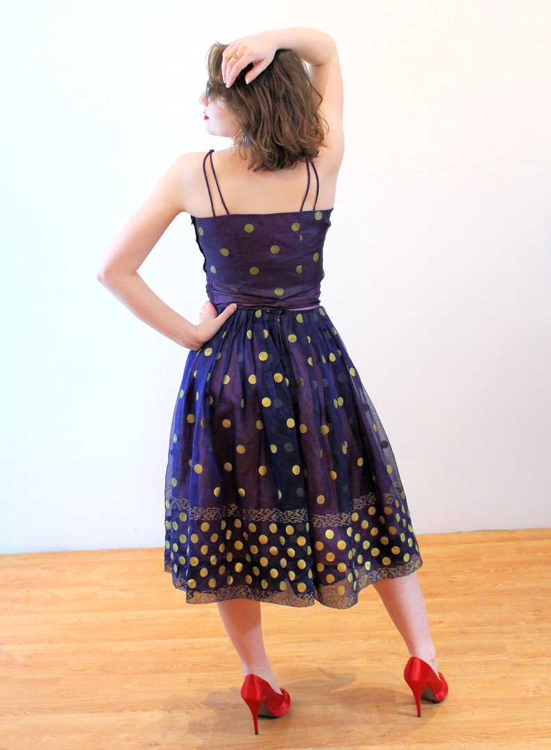 50s Polka Dot 2 Piece Party Dress XS Vintage Gold Metallic & Etsy