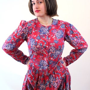 80s Laura Ashley Prairie Dress M, Vintage Red Blue Floral Cotton Wool Classic Cottagecore Peasant Midi Dress, UK 14 USA 12, Medium