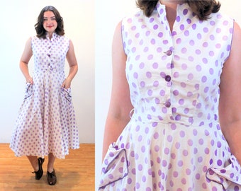 40s Faded Polka Dot Dress M, Vintage Purple White Cotton Fit & Flare Sleeveless Full Skirt Cute Retro Pinup 1940s Frock, Medium