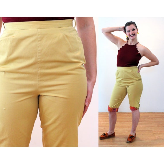 50s Cotton Capri Pants S, Vintage Mustard Yellow Cropped 1950s