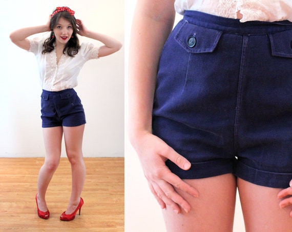 1940s Shorts XS, 40s 50s Vintage Navy Blue Metal Z