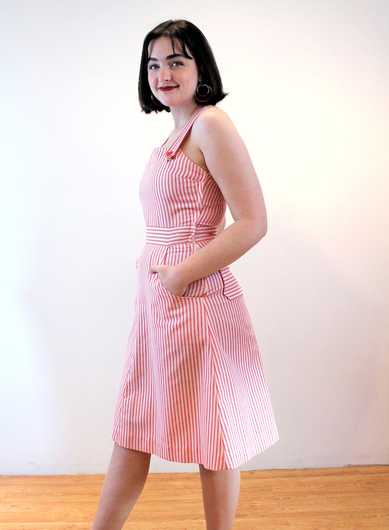 70s Candy Stripe Overalls Dress S Small Red White Vintage Suspenders Sundress