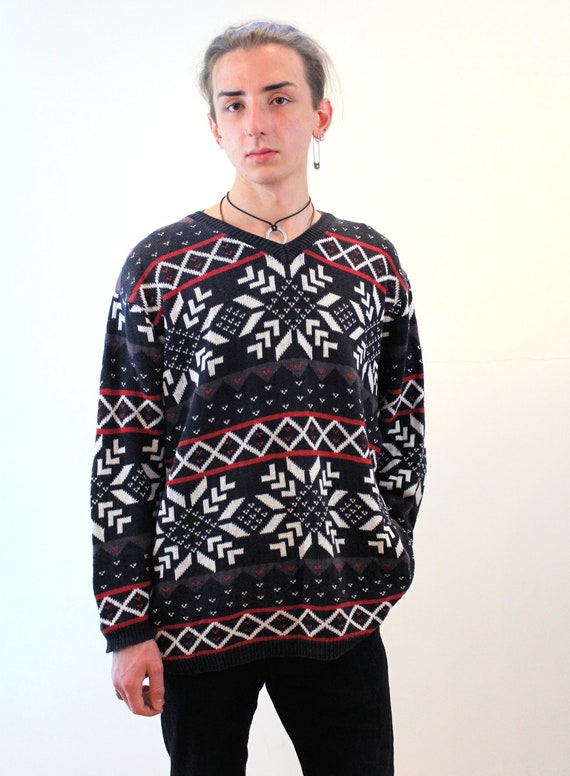 90s Snowflake Sweater L XL Vintage Black White Ramie Cotton prides Landing Unisex V Neck Old School Patterned Men s Large Women s XL Etsy Canada
