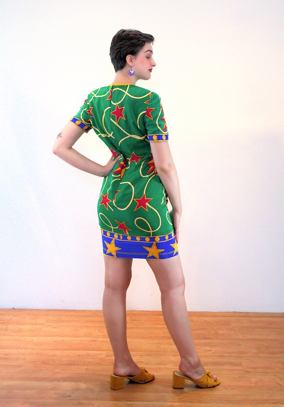 80s Silk Star Print Dress M, Vintage Green Bright… - image 3