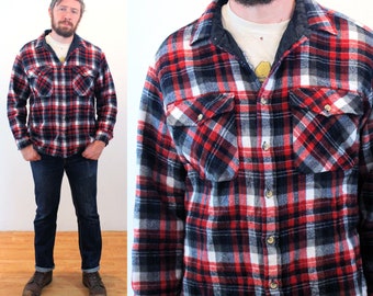 90s Flannel Plaid Shirt Jacket XL 2XL, Vintage Red Thick Insulated Rugged "Fieldmaster" Lumberjack Heavy Duty Workwear, Extra Large