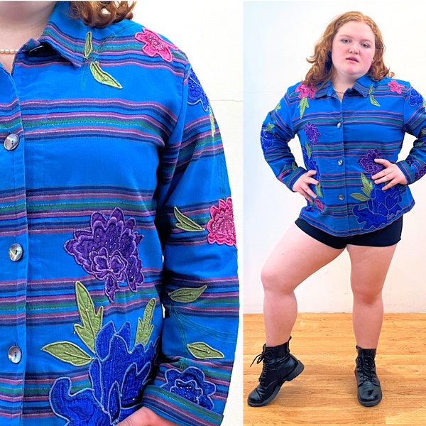 Y2K Chico's Patchwork Jacket XL, Vintage Blue Beaded Floral Silk Applique Striped Cotton Artsy Boho India Plus Size Coat, Extra Large