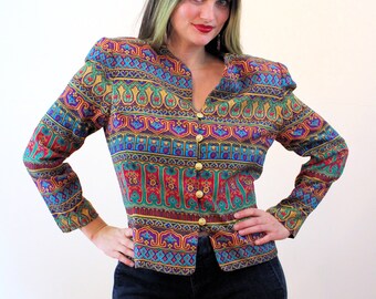 90s Silk Adrianna Papell Jacket M, Vintage Egyptian Revival Jeweltone Print Blazer, Medium