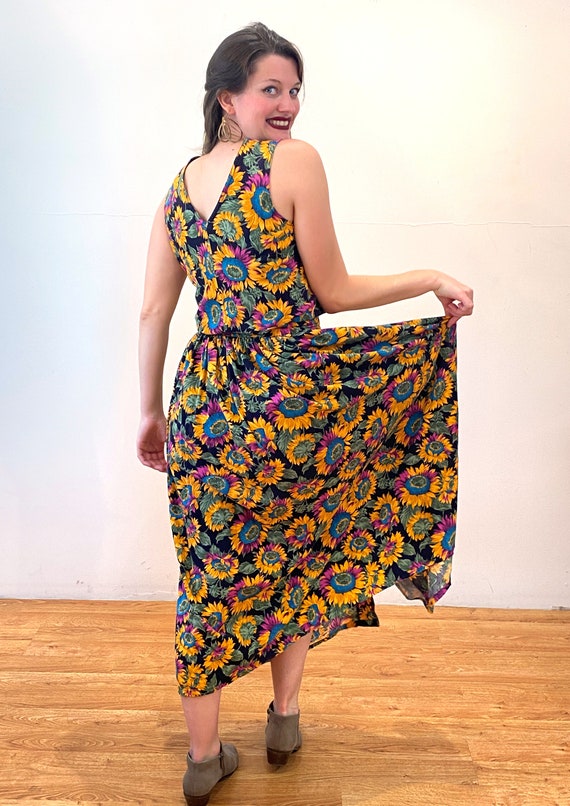90s Sunflower Print Dress S, Vintage Black Yellow… - image 3