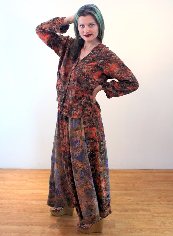90s Indonesia Batik Dress S M, Vintage Orange Ray… - image 2