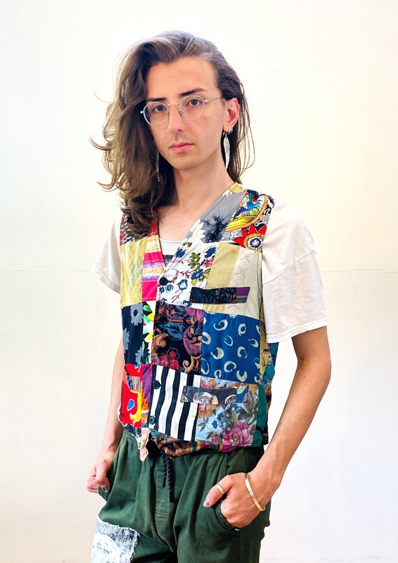 90s Patchwork Vest M, Vintage Mixed Prints Colorful Rayon Hippie  