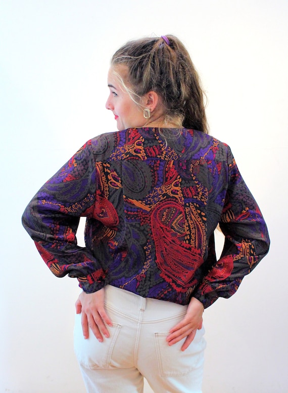 80s Baroque Print Top M, Vintage Red Purple Paisl… - image 3