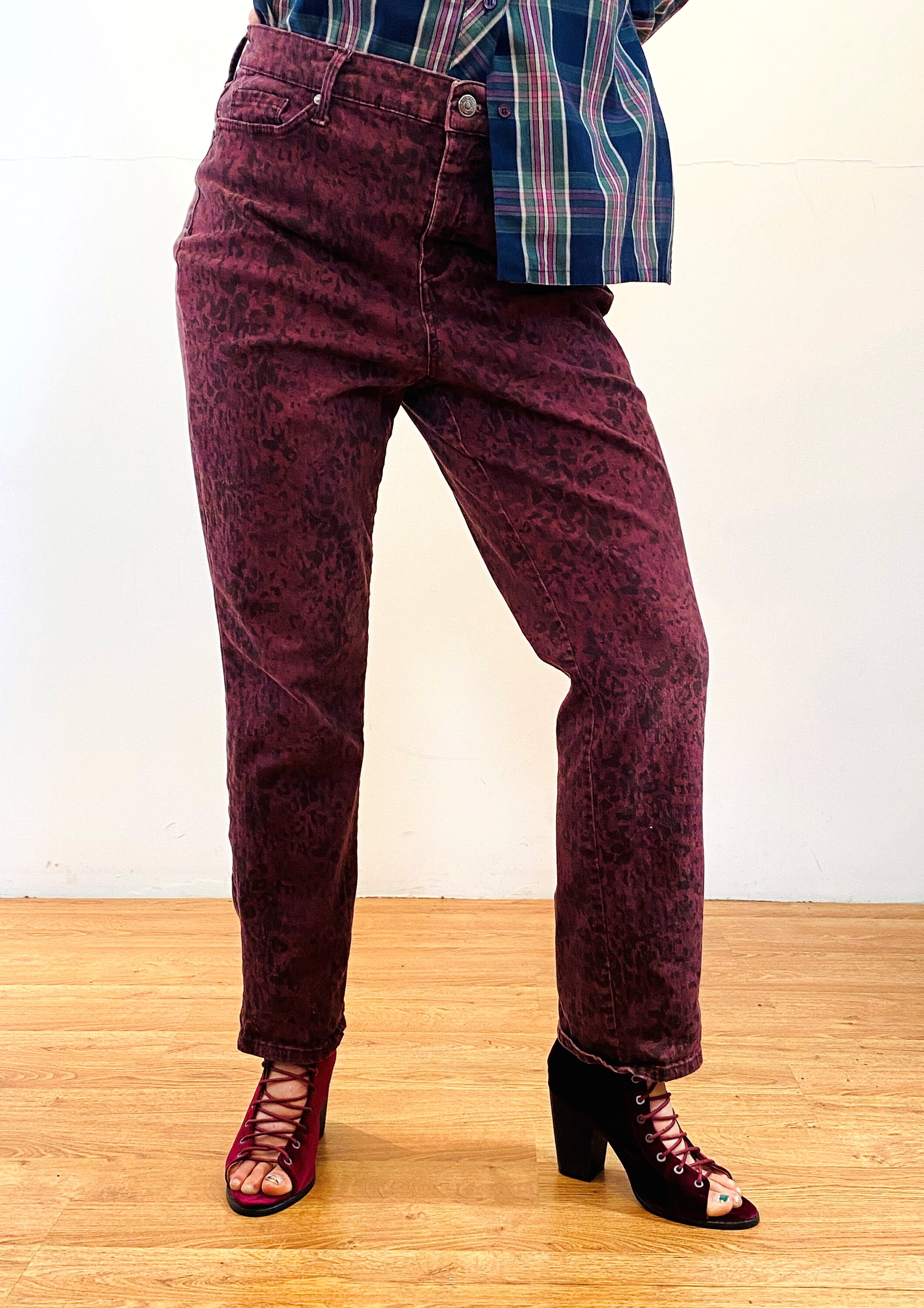vintage セットアップ　バーガンディ Y2K Red Leopard Print Gloria Vanderbilt Jeans 34 X 28