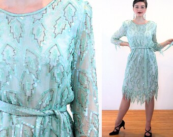 80s "Laurence Kazar" Beaded Dress S M, Vintage Green Mint Silk Glam Flapper Scalloped Silver Sequin India Belted Party Dress, Small Medium